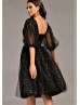 Elbow Sleeves Black Starry Tulle Cinched Waist Party Dress